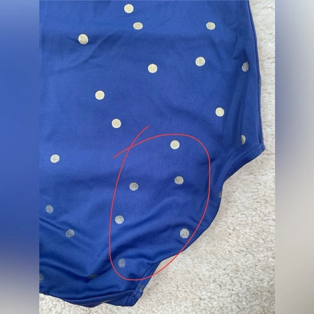 Mini Boden Size 7-8 Navy with Gold Foil Polka Dot Confetti Cross Back Swimsuit